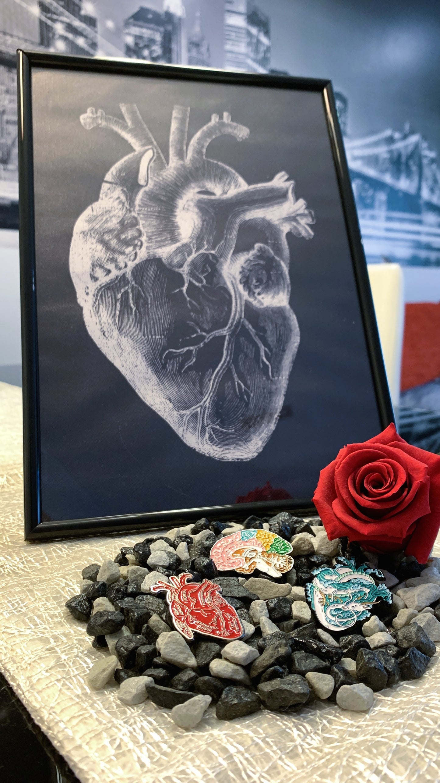 Set Maxi Pins Esmaltados (3 piezas) – Cerebro Anatómico, Corazón & Dragón Japonés | Pins Médicos & Estilo Gótico