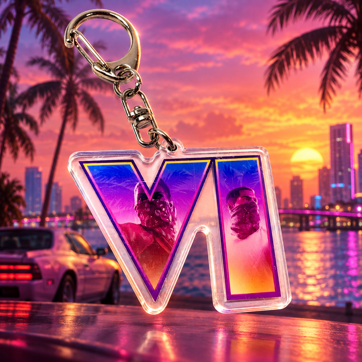 Colección de llaveros gamer inspirados en GTA VI y Vice City de Sakura Store
