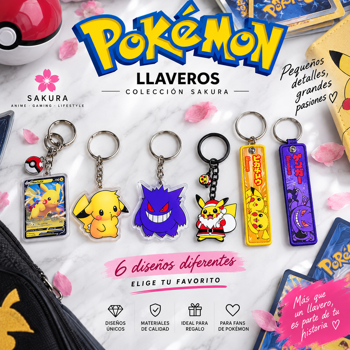 Colección de 6 llaveros Pokémon de Pikachu y Gengar en varios diseños