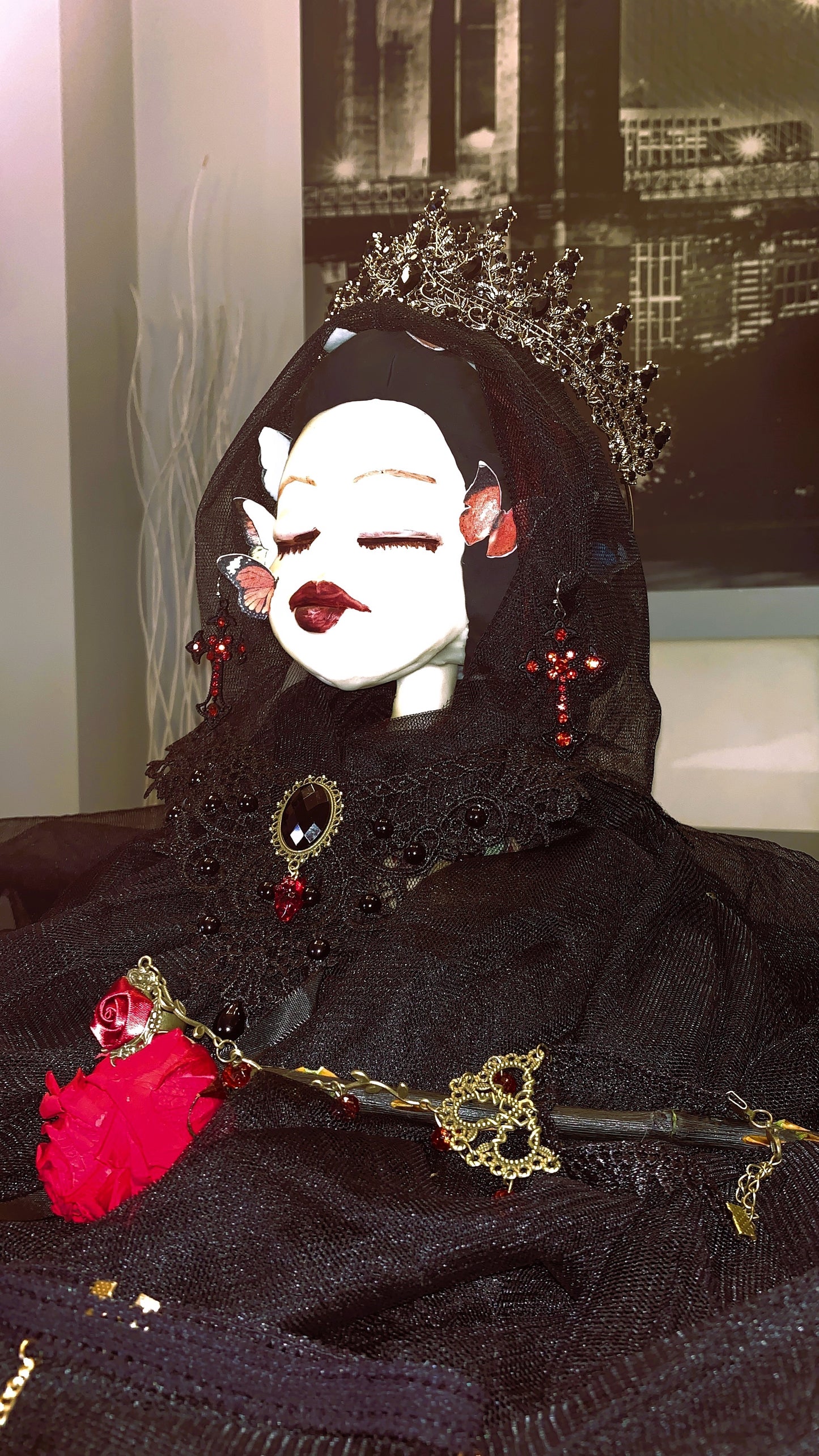 🕸️ Pulsera Gótica con Anillo “Bloody Rose Lace” | Gothic Ring Bracelet Black Lace & Red Gem 💀 | Vampire Hand Jewelry Limited 1:1