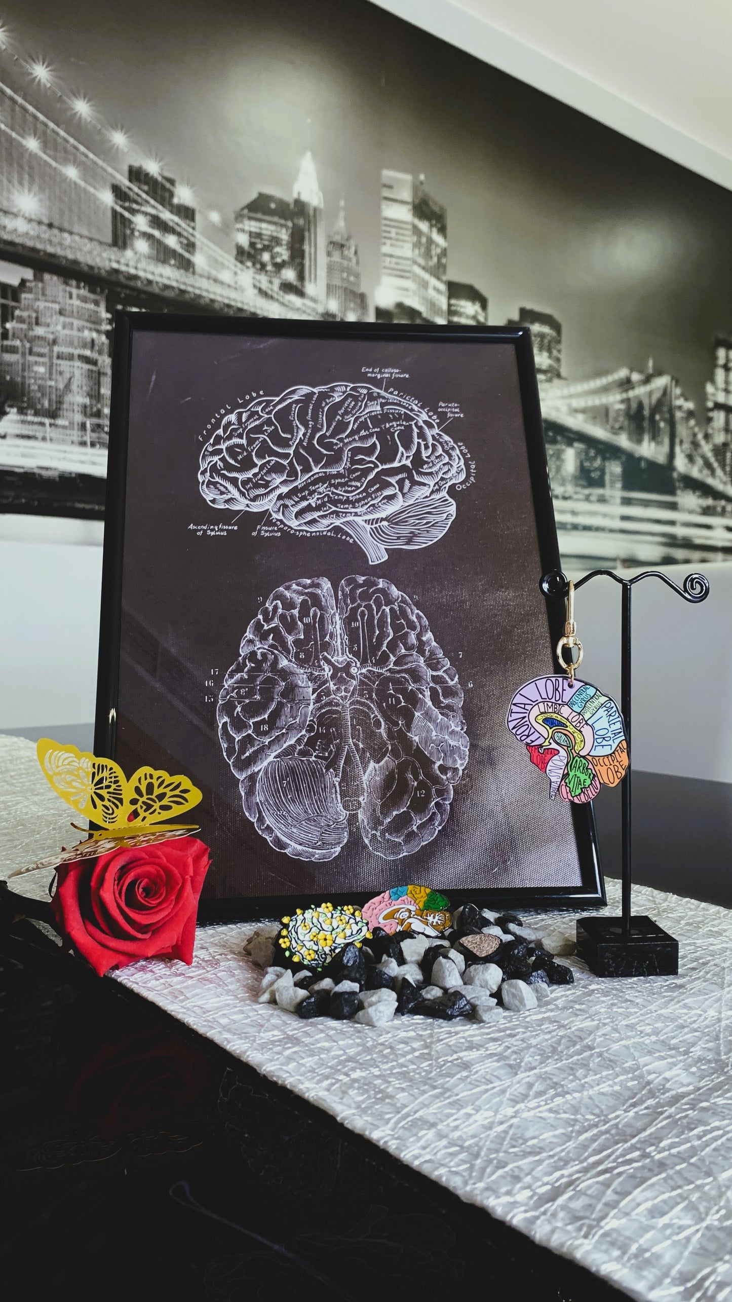 Bundle de Anatomía Cerebral – 3 Pins Esmaltados + Póster en Marco 21x30 cm + Llavero | Regalo Anatómico Gótico para Estudiantes de Medicina & Psicología