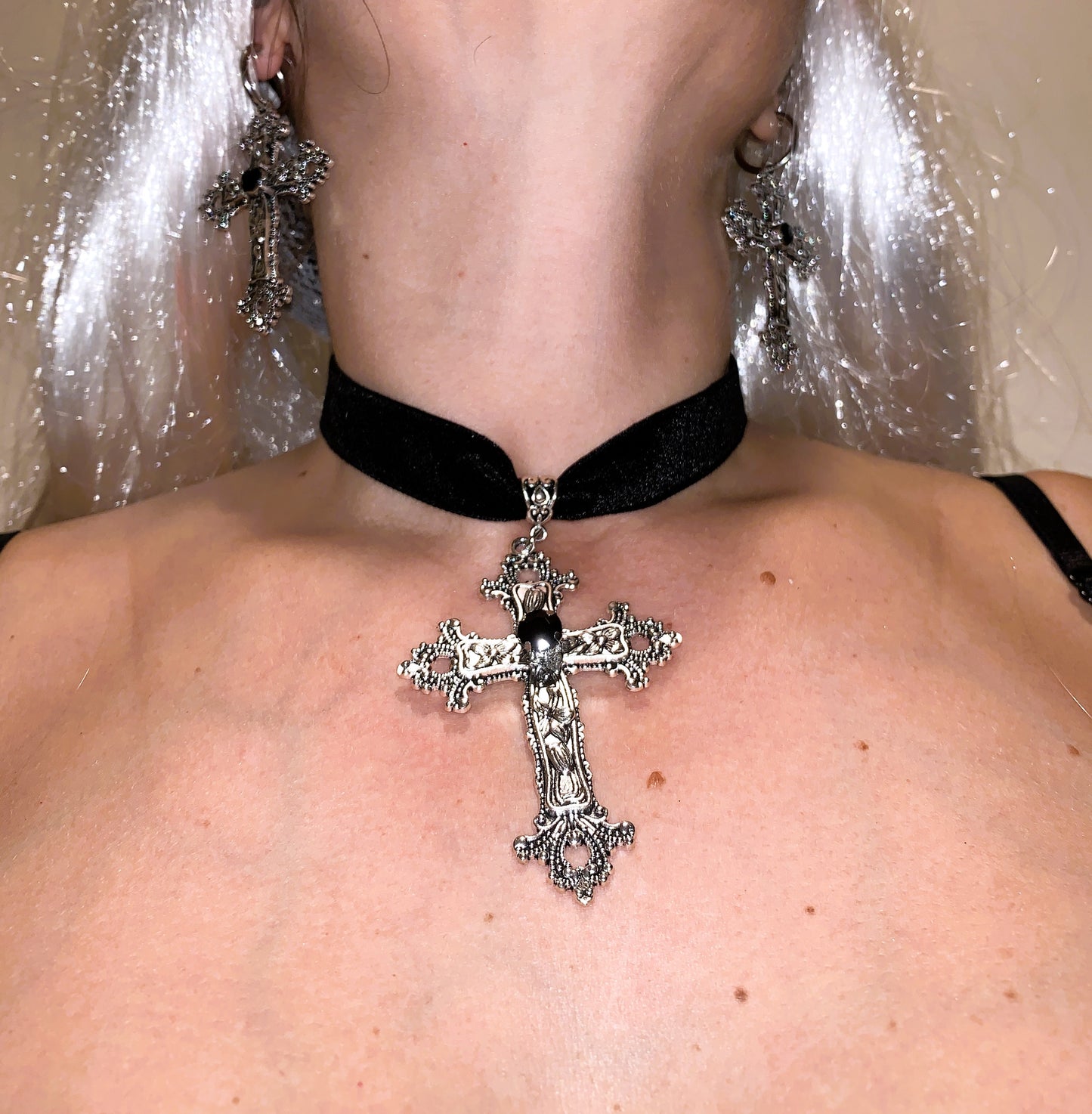 💀 Set Gótico Cruz Plateada “Dark Faith Set Deluxe” | Gothic Silver Cross Necklace + Earrings Set 🖤 | Vampire Jewelry Limited 1:1