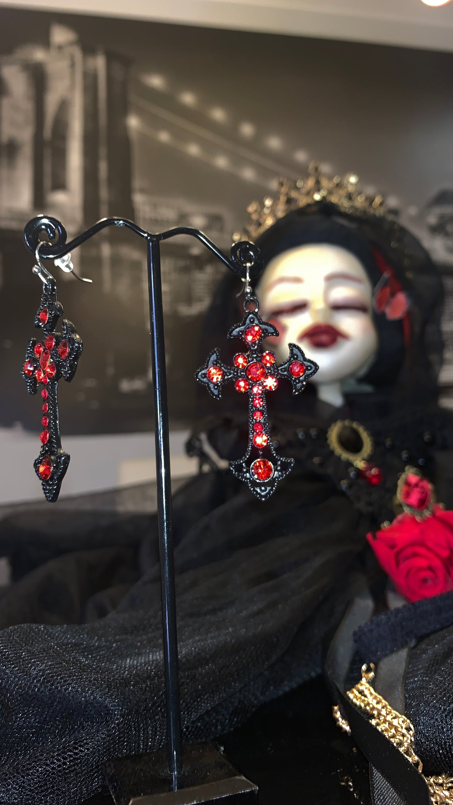 🩸 Pendientes Cruz Gótica “Bloody Cross Deluxe” | Gothic Cross Earrings Red & Black 💀 | Vampire Jewelry Limited 1:1
