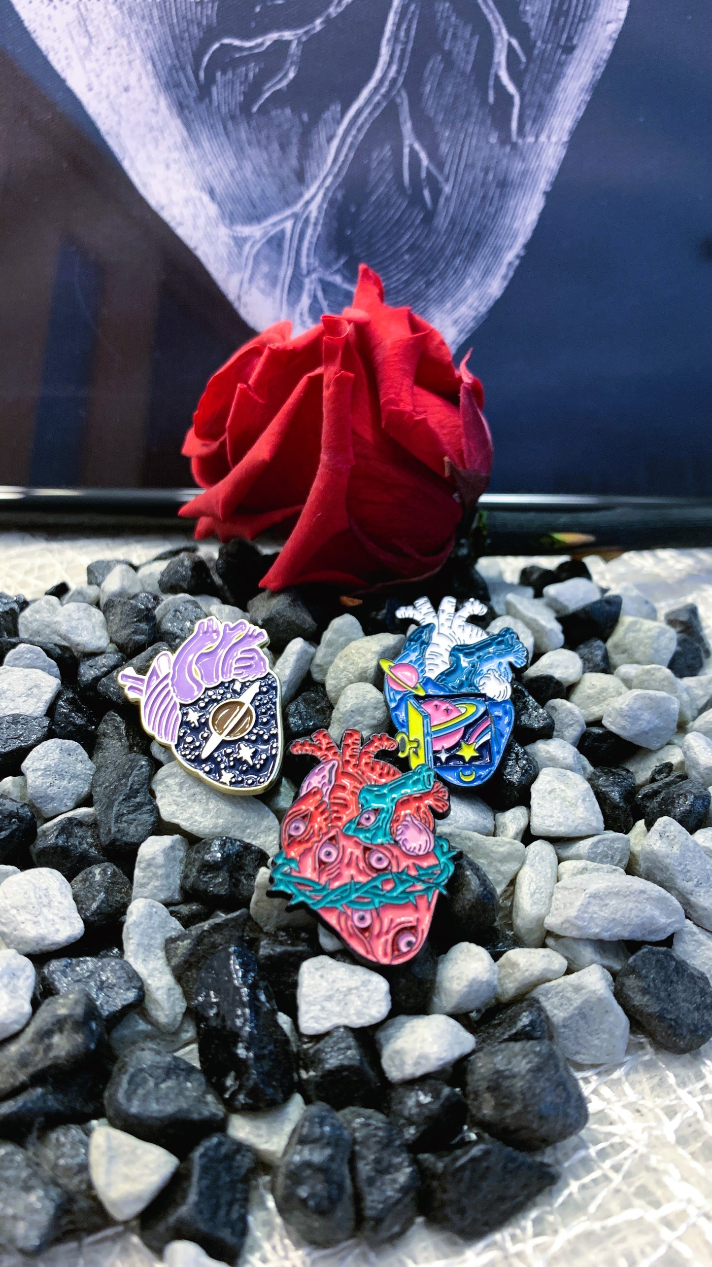 Set de Pins Cósmicos de Anatomía (3 piezas) – Corazón Anatómico con Diseño de Galaxia, Espacio & Astrología | Regalo Único para Amantes de la Astronomía y la Medicina