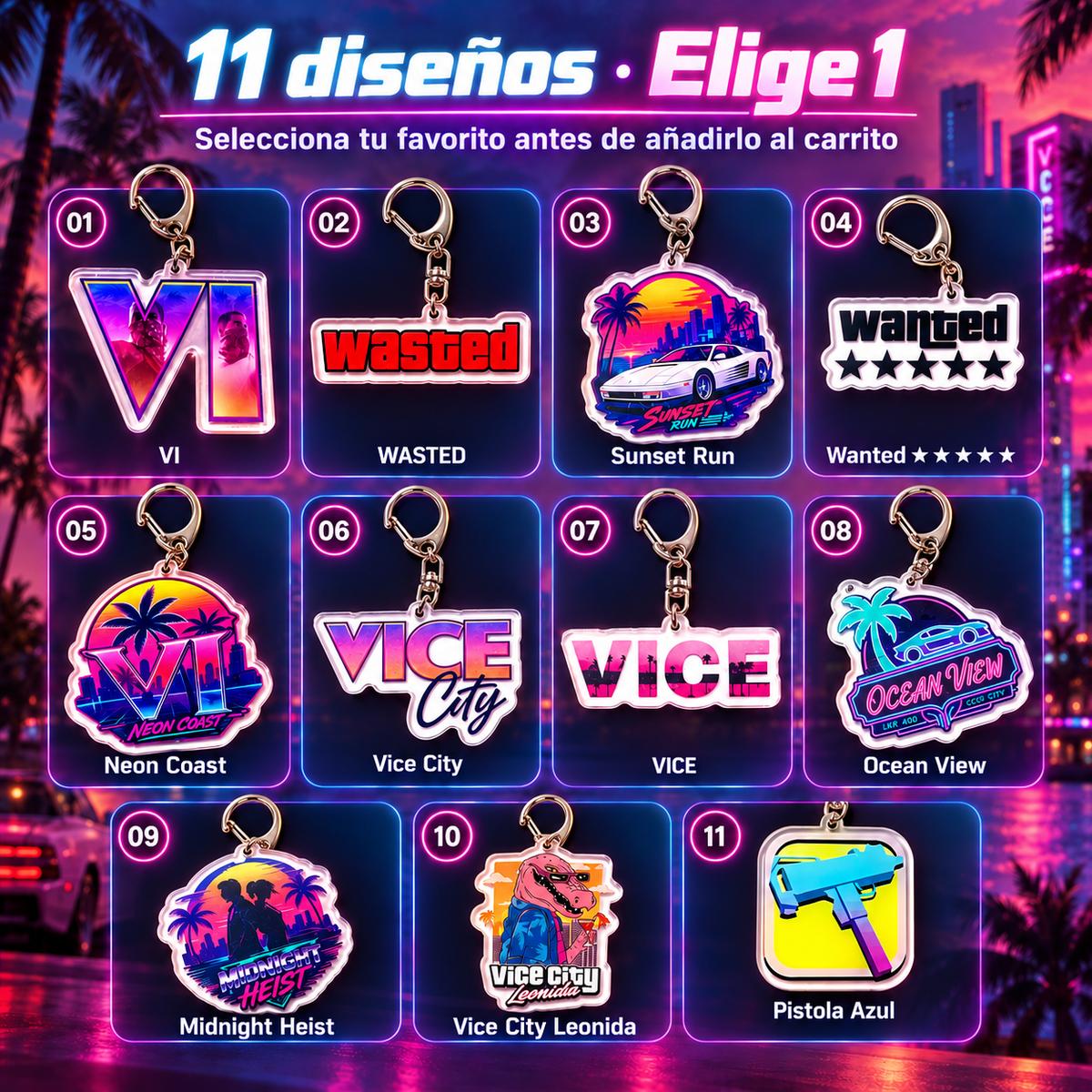 Selector de 11 diseños de llaveros gamer inspirados en Vice City