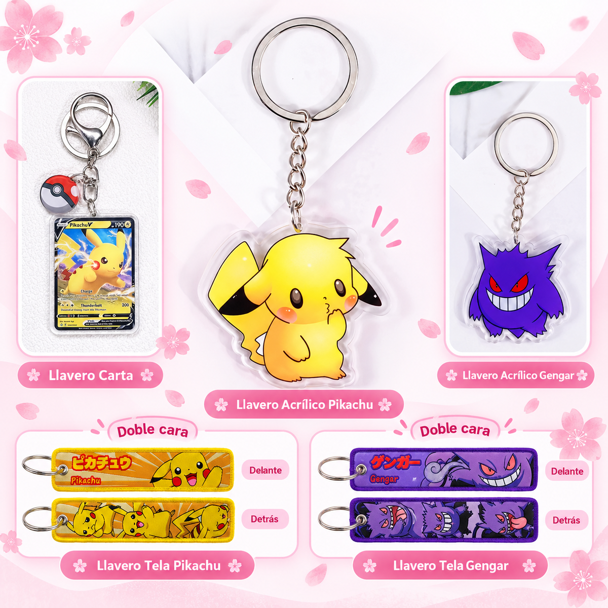 Llaveros Pokémon de Pikachu y Gengar en acrílico, carta y tela de doble cara