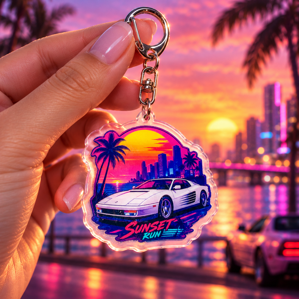 Detalle de llavero gamer de acrílico inspirado en la estética Vice City