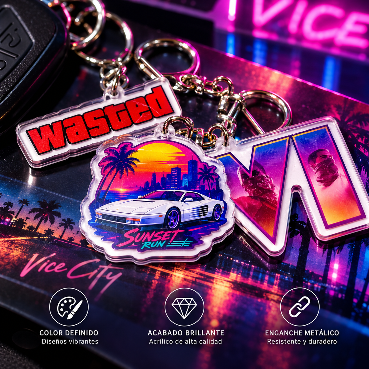 Llavero gamer para llaves mochila o estuche con diseño inspirado en Vice City