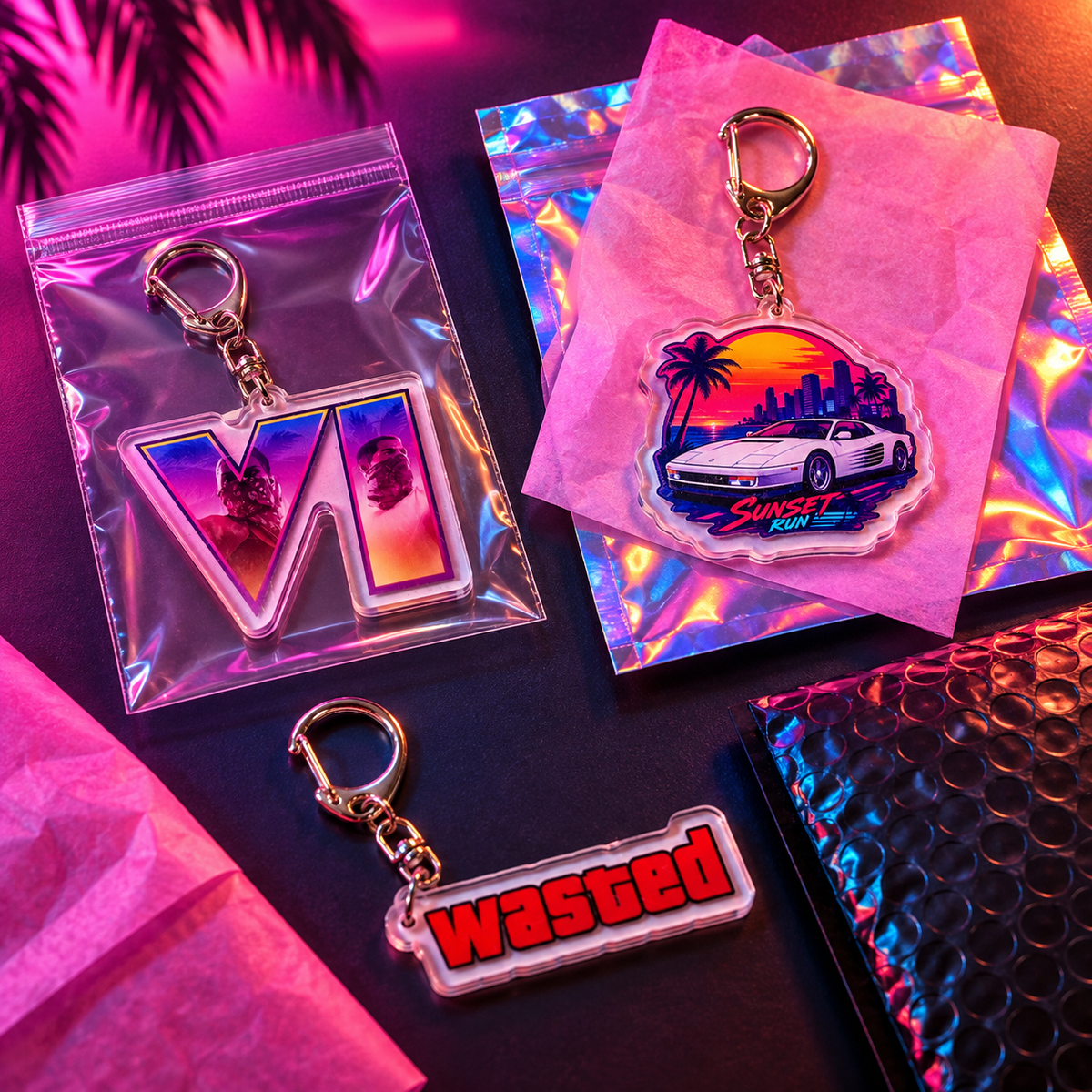 Llavero gamer inspirado en Vice City como accesorio para mochila o llaves