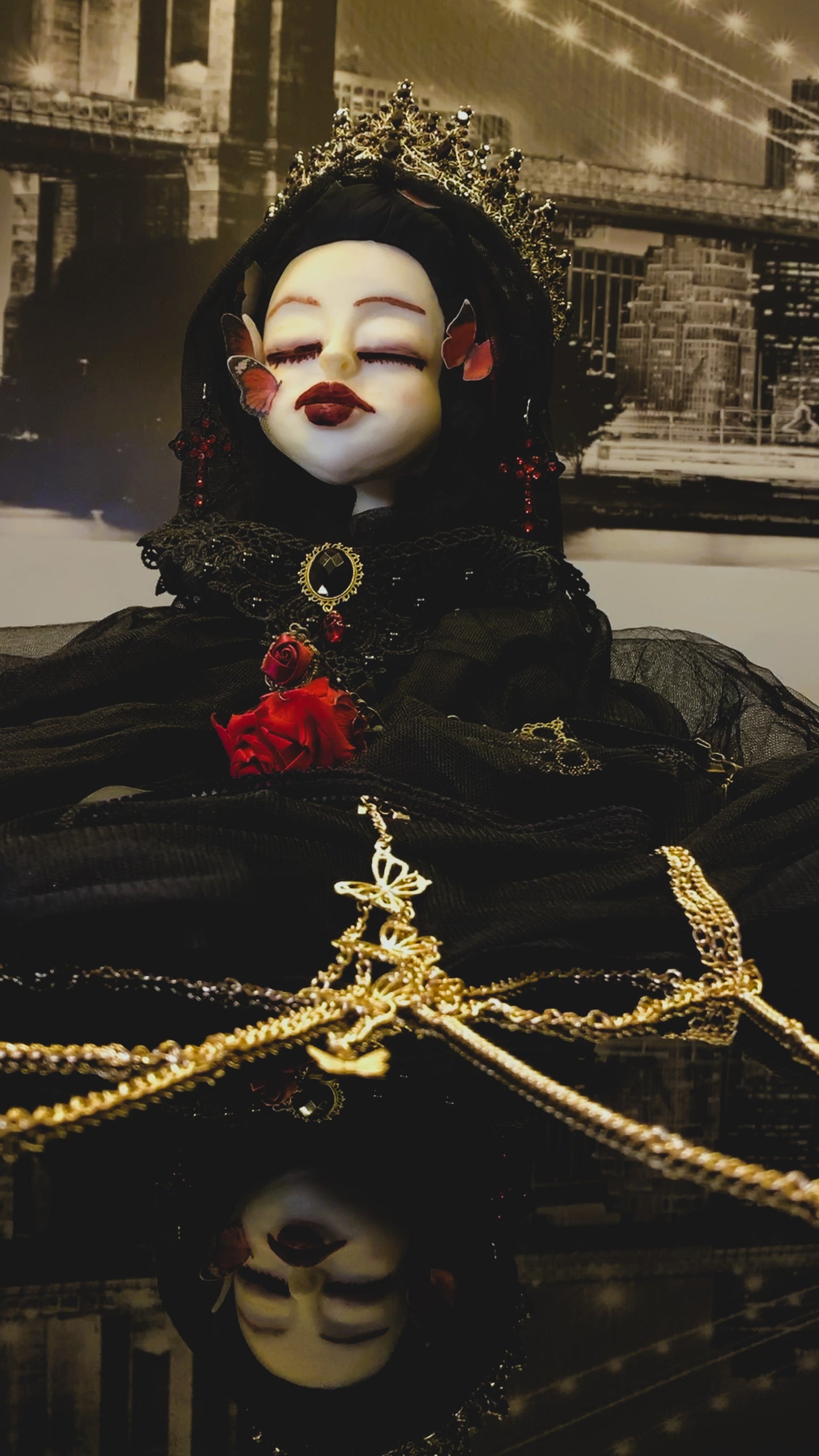 🕸️ Pulsera Gótica con Anillo “Bloody Rose Lace” | Gothic Ring Bracelet Black Lace & Red Gem 💀 | Vampire Hand Jewelry Limited 1:1