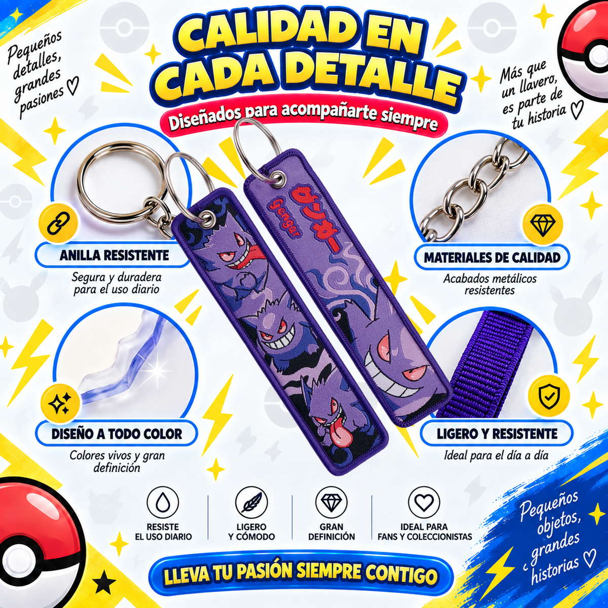 Detalle de llavero Gengar de tela con anilla metálica y acabado bordado
