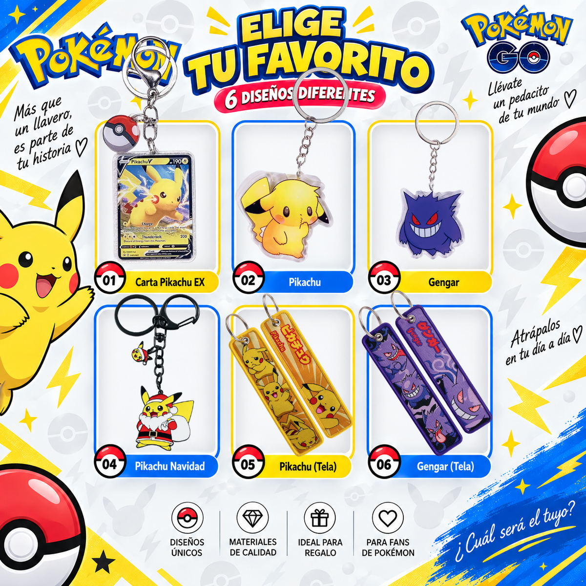 Selector de 6 diseños de llavero Pokémon con Pikachu y Gengar
