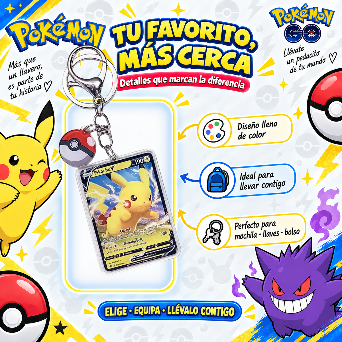 Llavero Carta Pikachu con anilla metálica para llaves, mochila o bolso